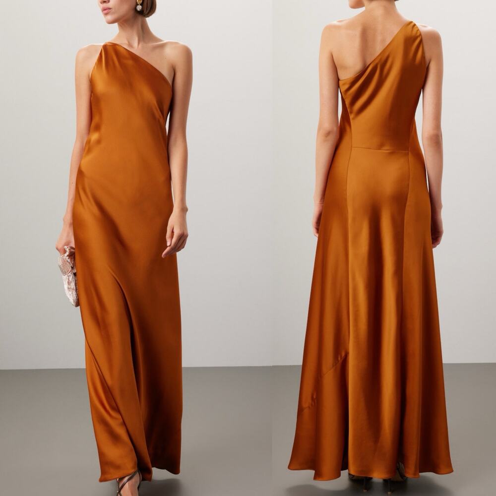 Obando One Shoulder Maxi Gown Dress in Burnt Orange crepe sz 8